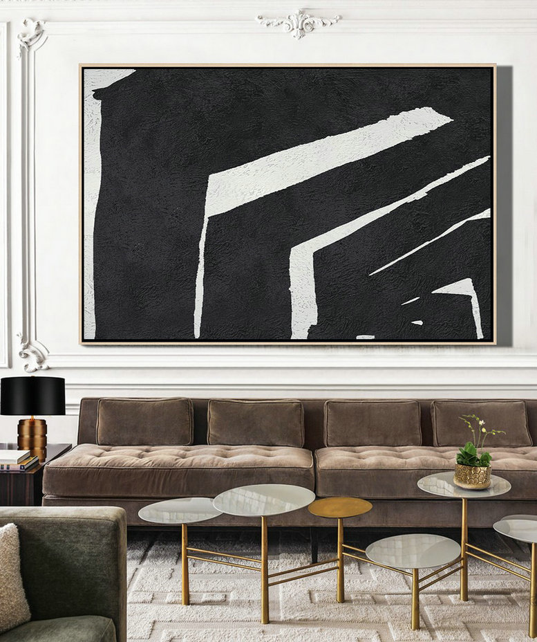 Large Canvas Wall Art For Sale,Hand Painted Oversized Horizontal Minimal Art On Canvas, Black And White Minimalist Painting - Contemporary Art Acrylic Painting